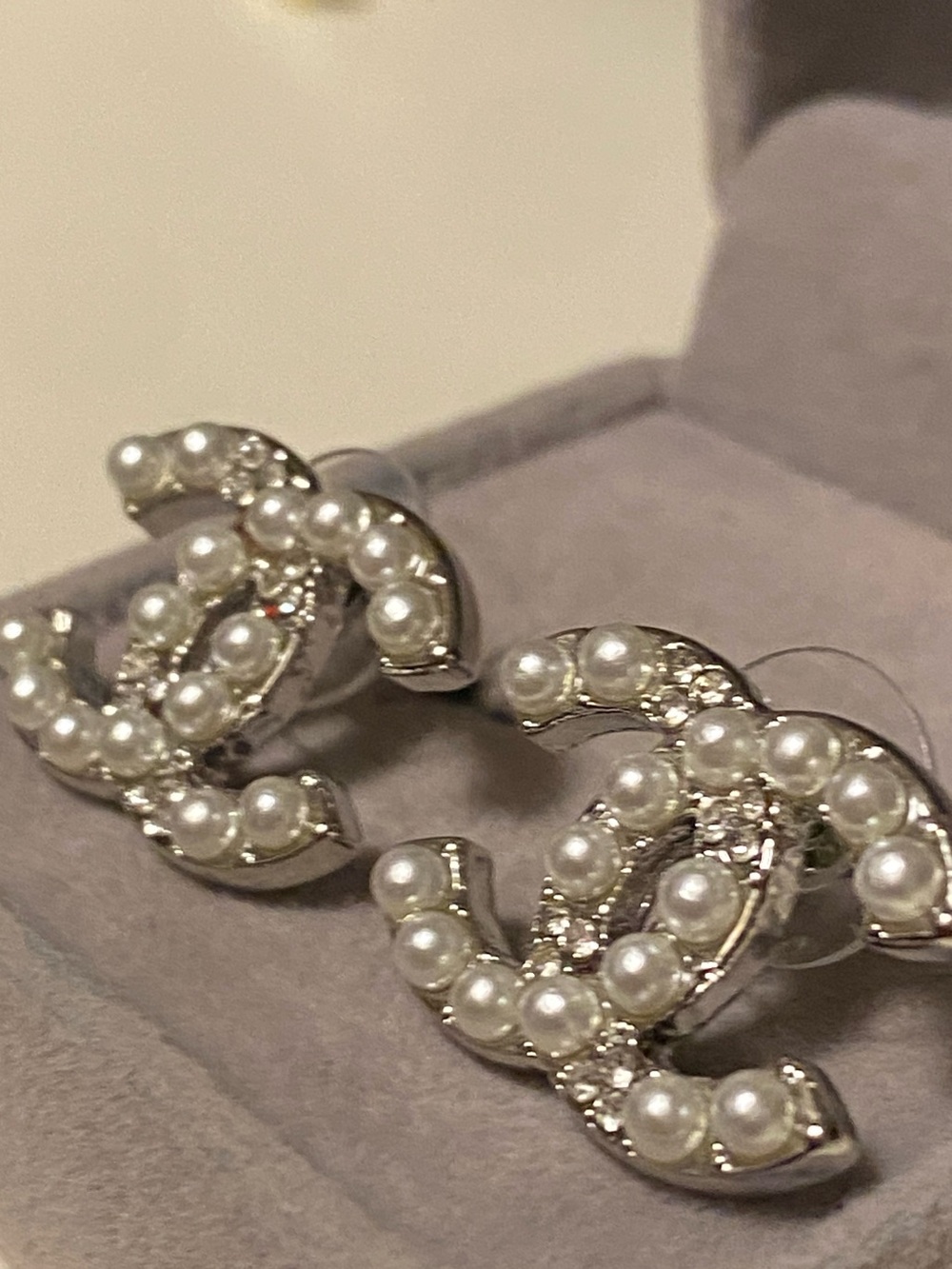 Fashion Jewelry White Pearl and Silver Crystal Double C Stud Earrings - Picture 2 of 7